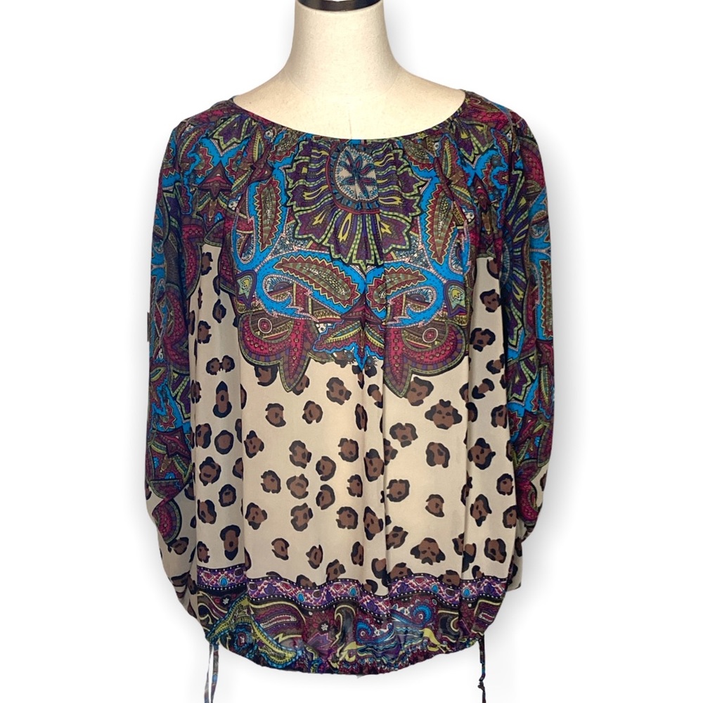 Nicole Miller Drawstring Sleeves Animal Paisley Print Peasant Blouse S